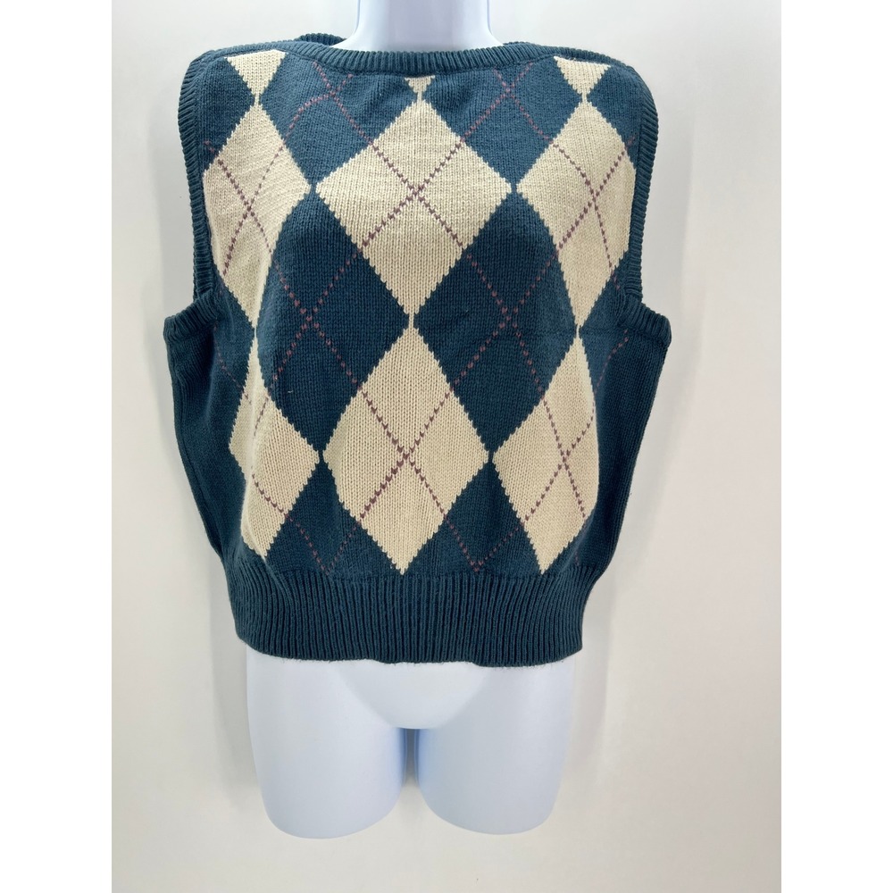 Country Suburbans Vintage XL Argyle Vest Teal Blue Dark Academia Grannycore Knit
